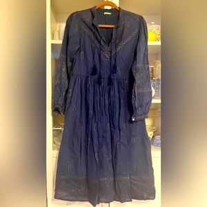 Matta Cotton Dress with Metallic Block Print with open neck and tassels.